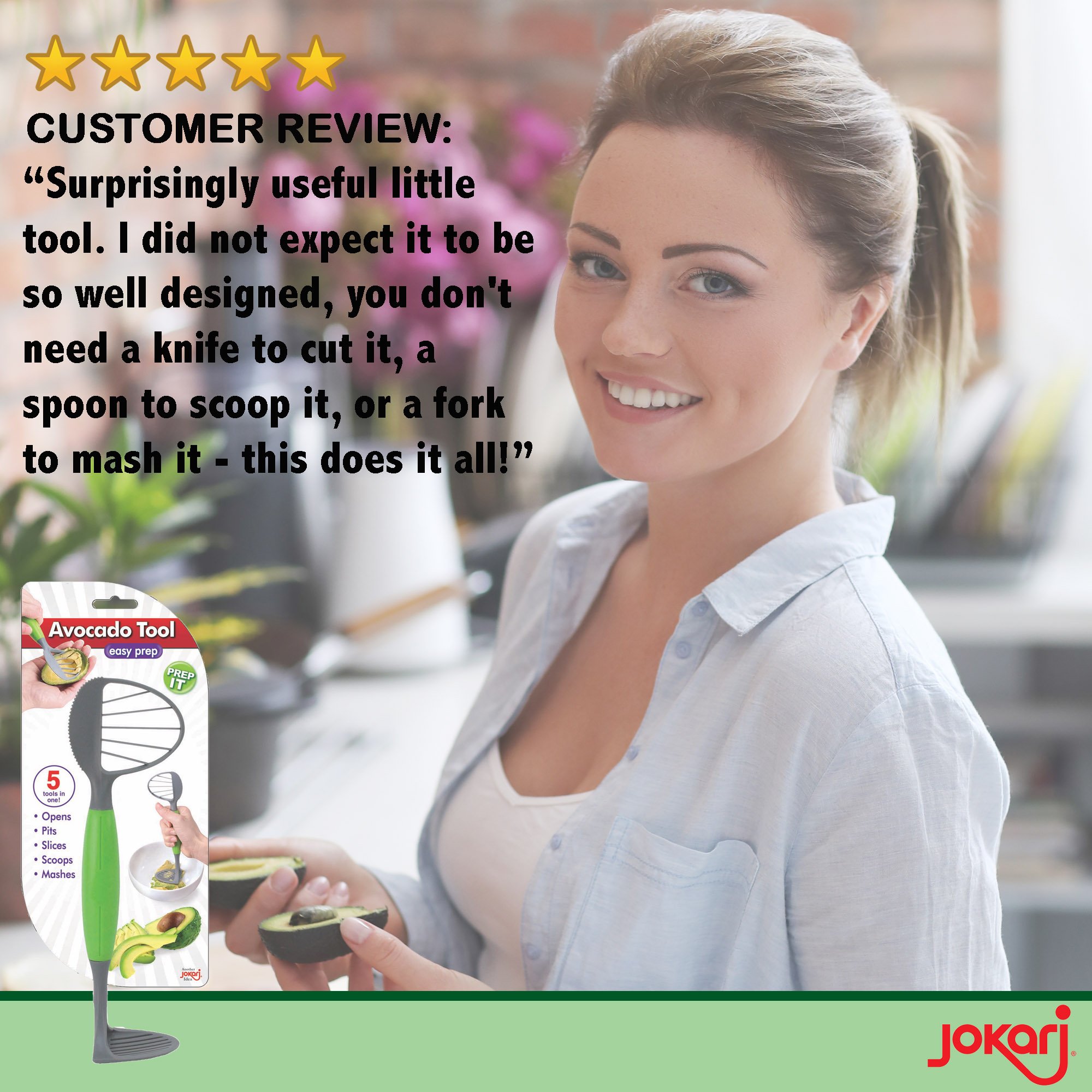 Avocado Tool - 5-in-1 Opener Knife, Pitter, Slicer, Scoop and Masher, Best Kitchen Utensil for Avocados; Dishwasher Safe Guacamole Maker Splits, Pits & Slices; Green, BPA Free (3 Piece) by Jokari - Image 3