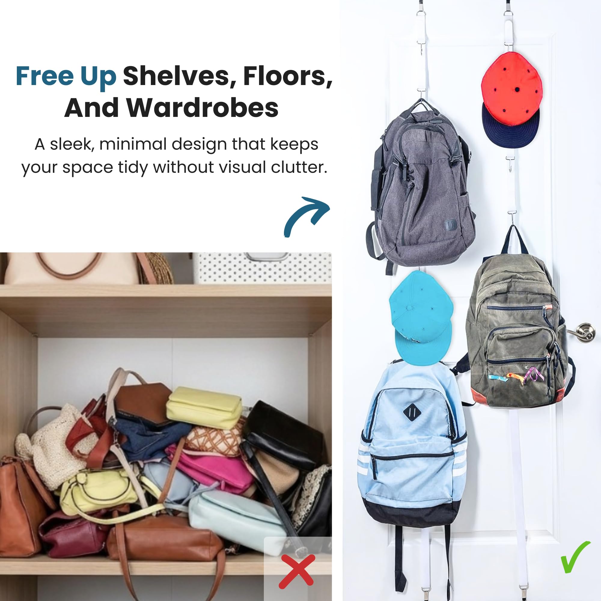 Jokari Heavy Duty 16 Hook Over The Door Purse Rack for Hats and Accessories. Adjustable Straps and Movable Velcro Hooks To Store, Organize and Display Bags, Scarves or Caps Saving Closet Storage Space - Image 3