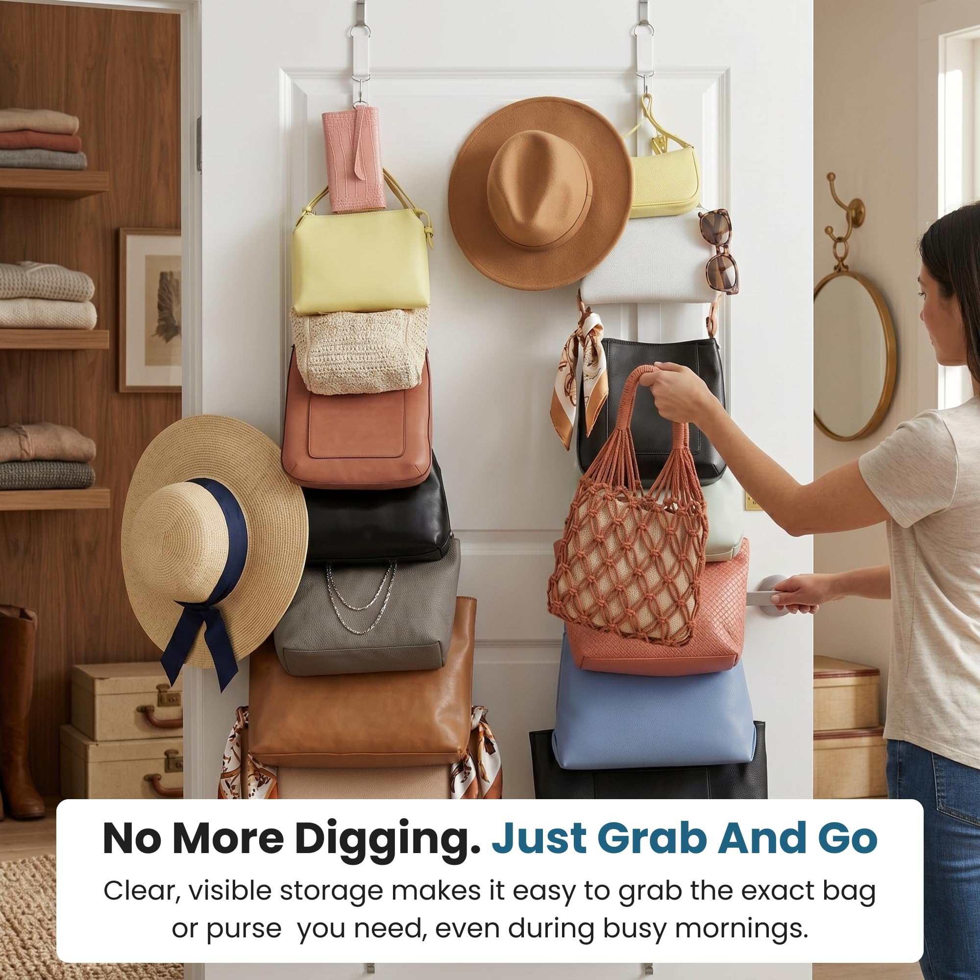 Jokari Heavy Duty 16 Hook Over The Door Purse Rack for Hats and Accessories. Adjustable Straps and Movable Velcro Hooks To Store, Organize and Display Bags, Scarves or Caps Saving Closet Storage Space - Image 4