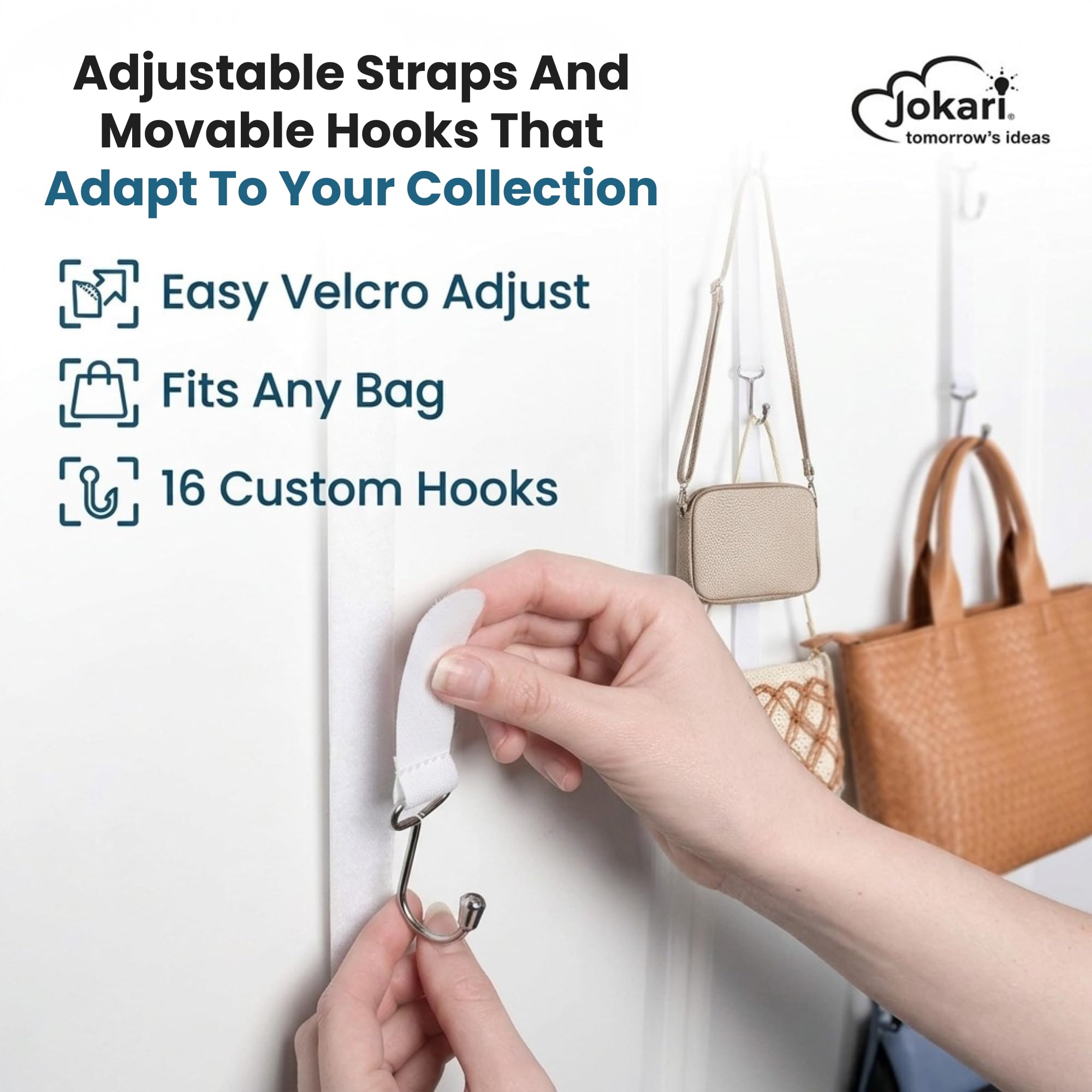 Jokari Heavy Duty 16 Hook Over The Door Purse Rack for Hats and Accessories. Adjustable Straps and Movable Velcro Hooks To Store, Organize and Display Bags, Scarves or Caps Saving Closet Storage Space - Image 6