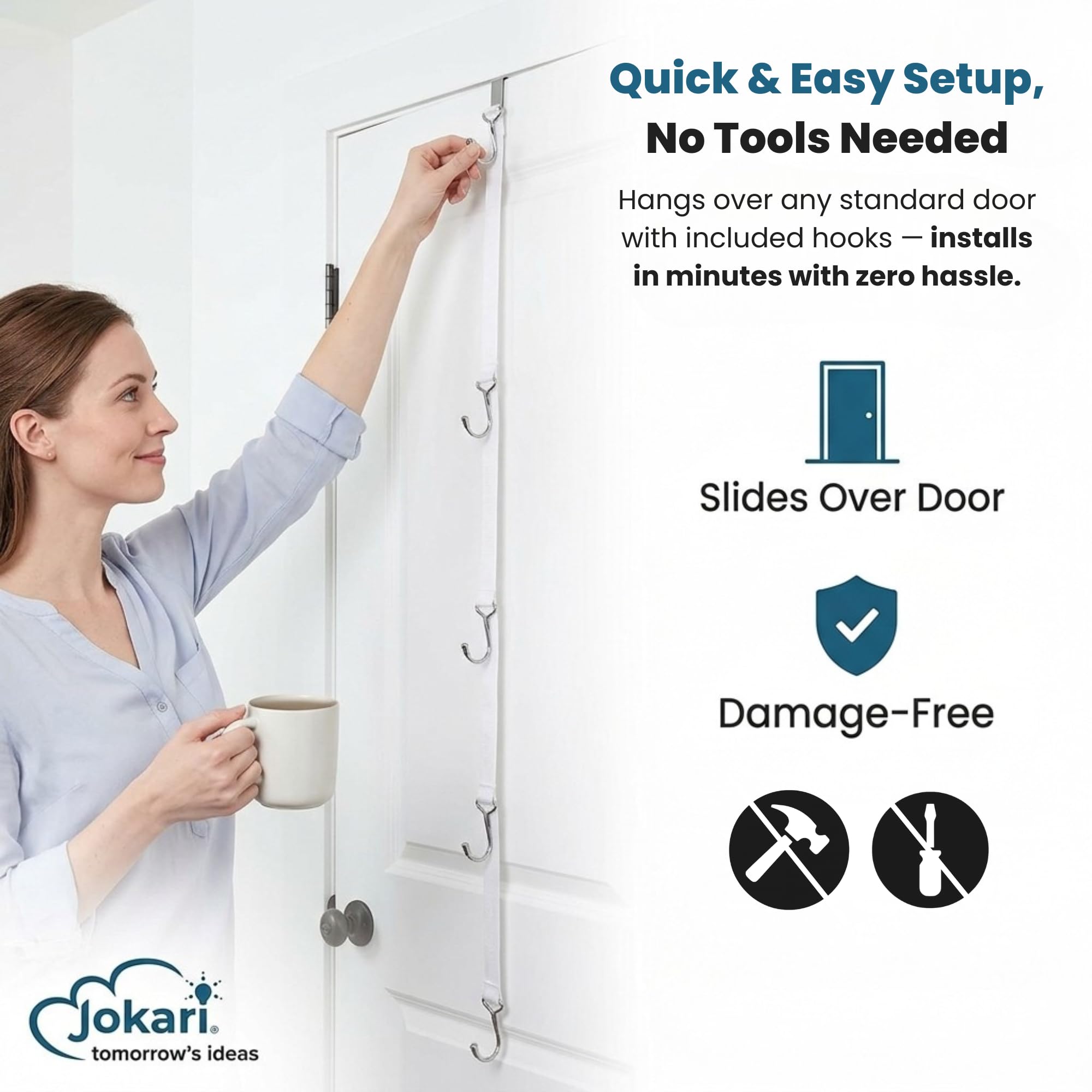 Jokari Heavy Duty 16 Hook Over The Door Purse Rack for Hats and Accessories. Adjustable Straps and Movable Velcro Hooks To Store, Organize and Display Bags, Scarves or Caps Saving Closet Storage Space - Image 7