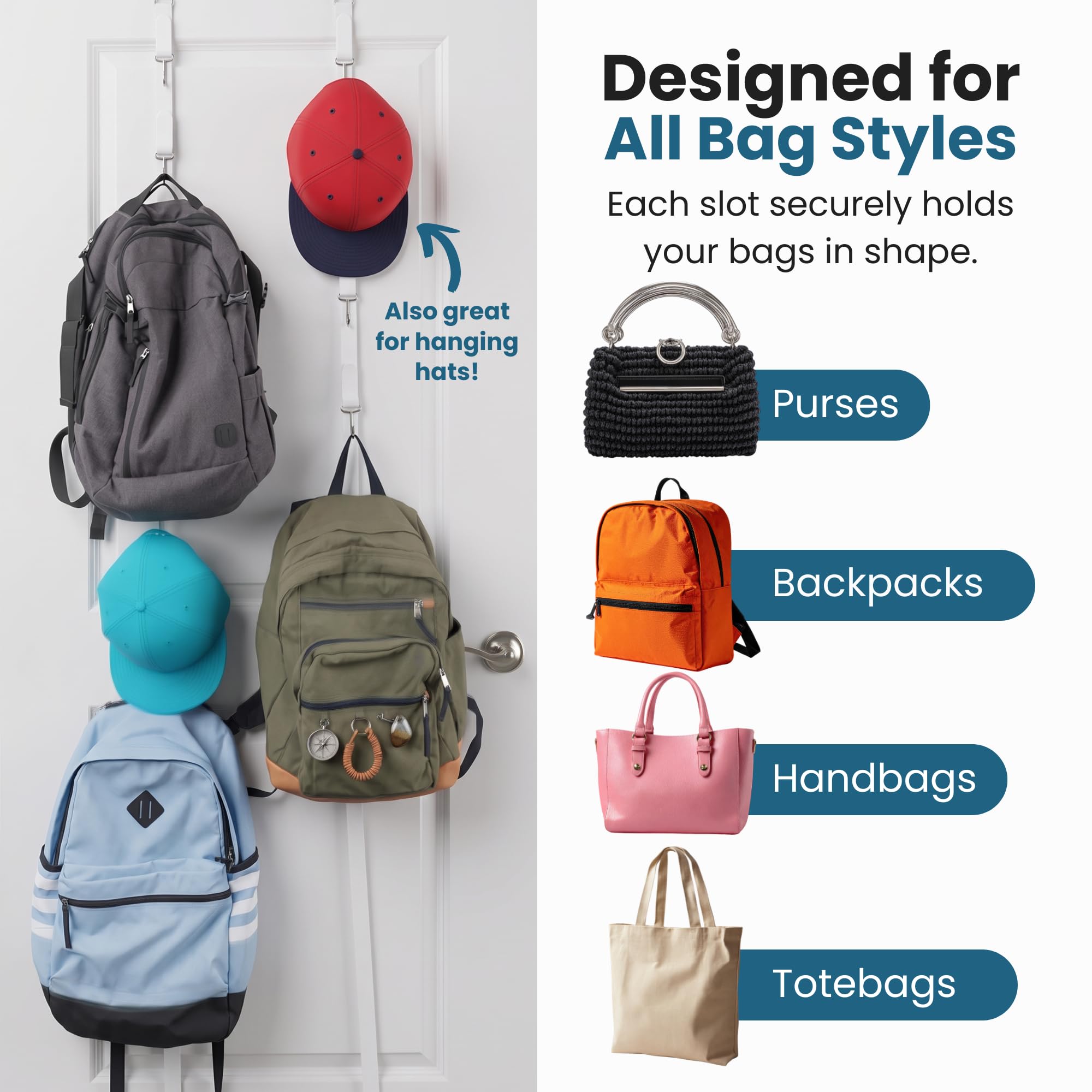 Jokari Heavy Duty 16 Hook Over The Door Purse Rack for Hats and Accessories. Adjustable Straps and Movable Velcro Hooks To Store, Organize and Display Bags, Scarves or Caps Saving Closet Storage Space - Image 8