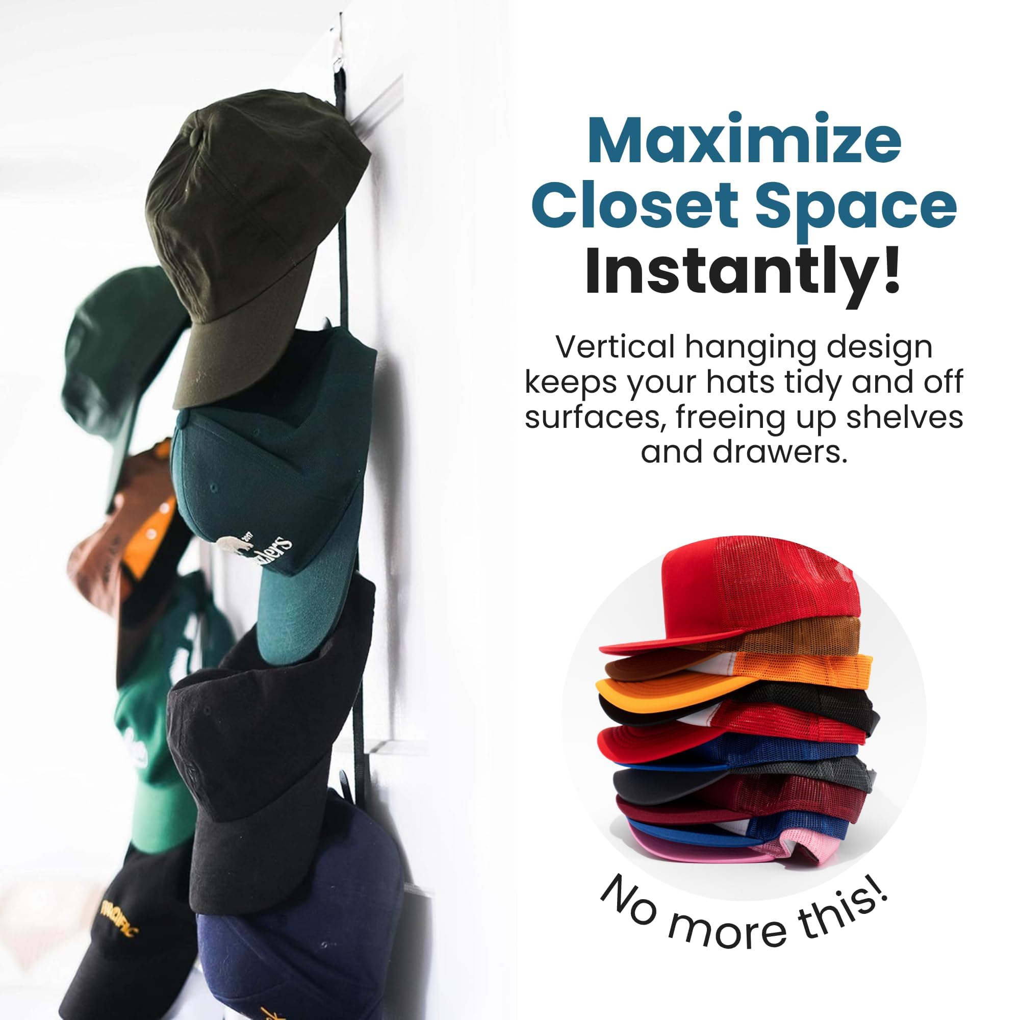 Jokari Over the Door Cap Rack Organizer 2 Pack Holds Up to 16 Baseball Hats Hat Storage System for Men Women and Kids Adjustable Closet Hanger with Hooks for Easy Hat Display - Image 3