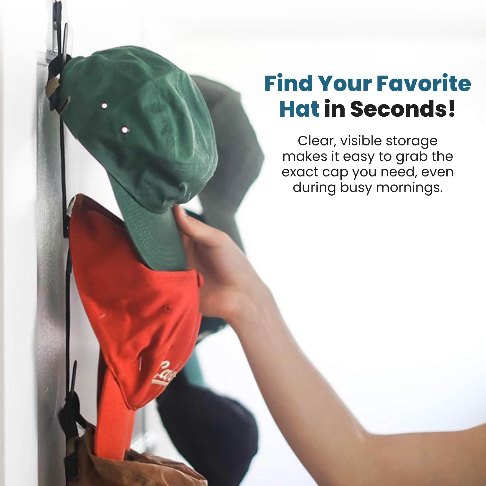 Jokari Over the Door Cap Rack Organizer 2 Pack Holds Up to 16 Baseball Hats Hat Storage System for Men Women and Kids Adjustable Closet Hanger with Hooks for Easy Hat Display - Image 4