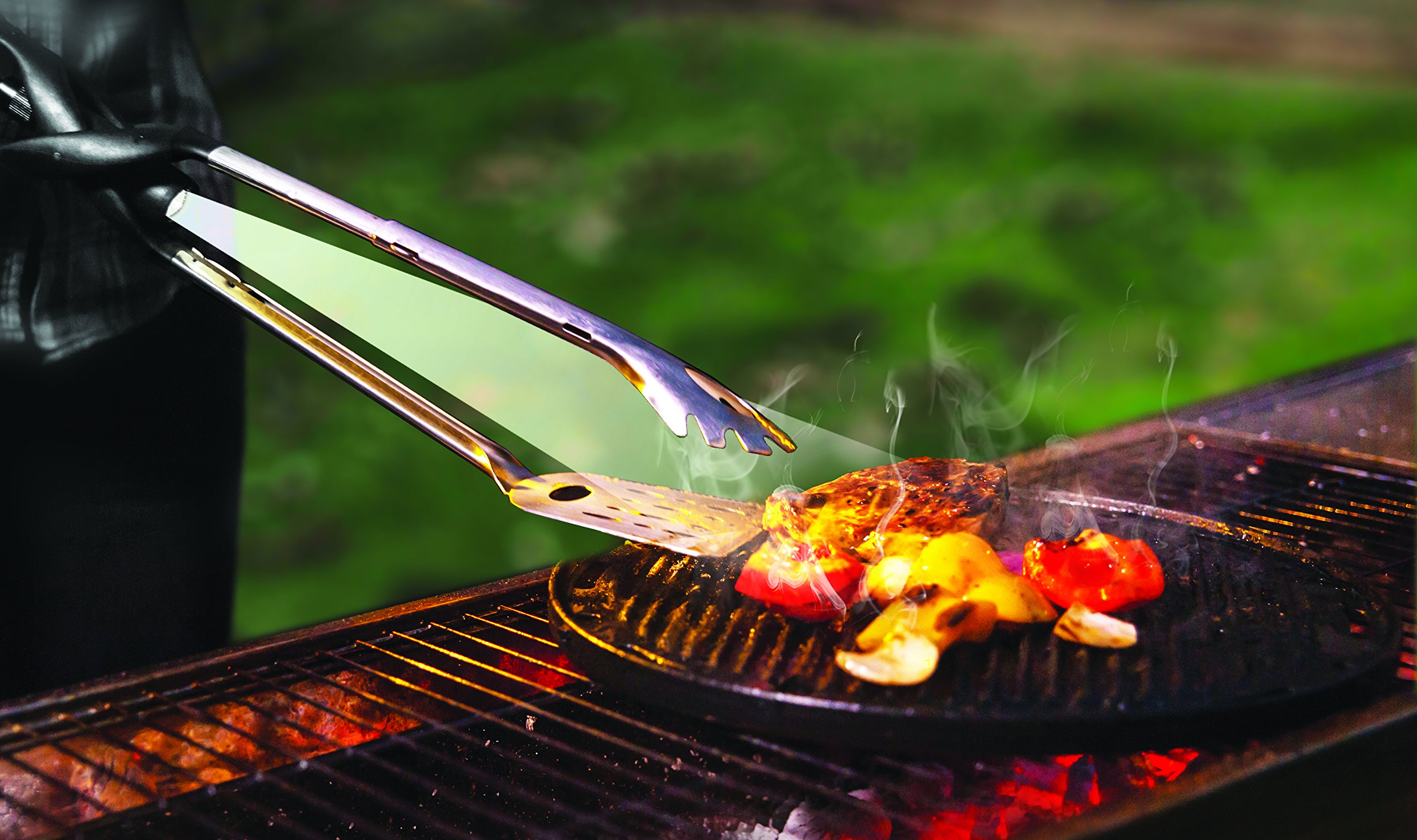 Jokari Pro Grade 6 in 1 Lighted Grill Set. All In One Industrial Strength Tool Includes Easy Grip Handle, Spatula, Adjustable Tongs, Knife Blade, Scraper, LED Flashlight, BBQ Skewers and Bottle Opener - Image 3