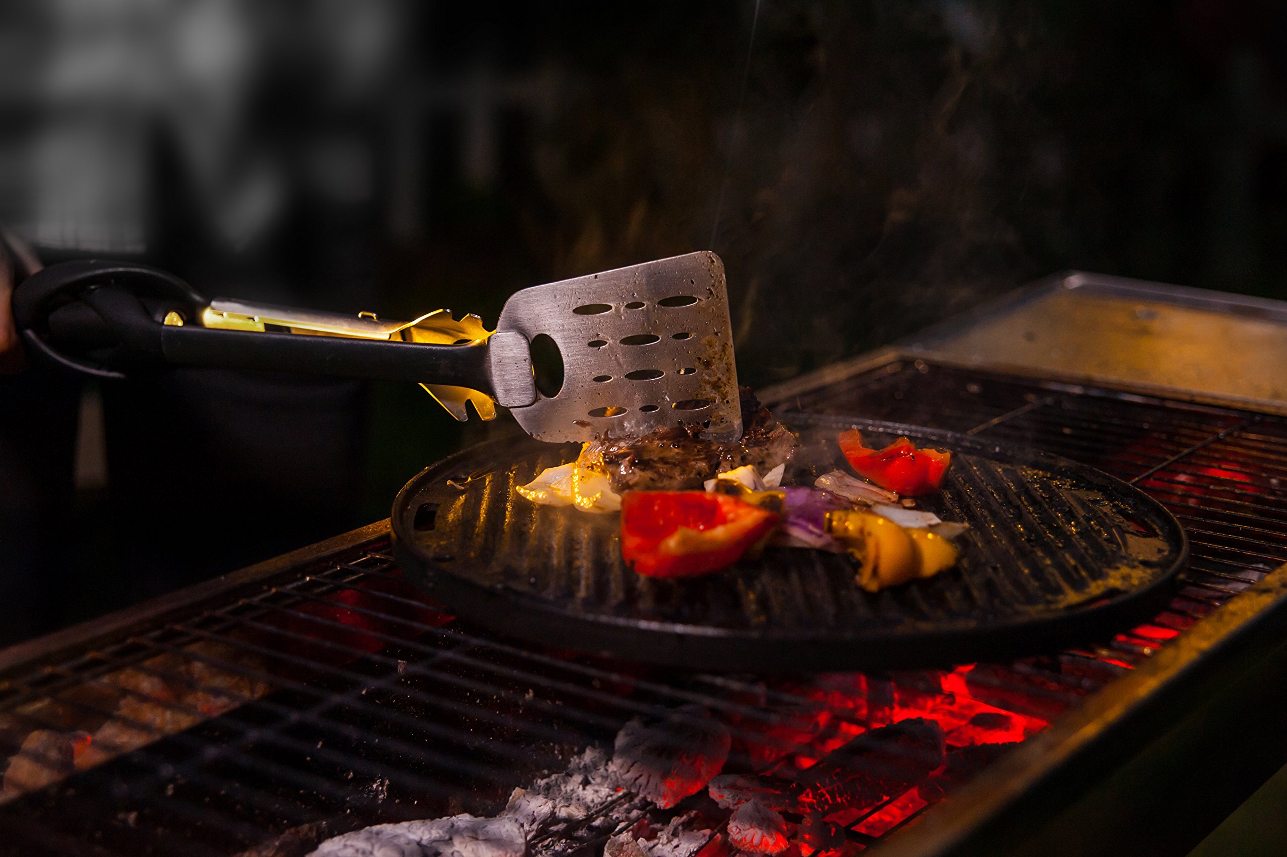 Jokari Pro Grade 6 in 1 Lighted Grill Set. All In One Industrial Strength Tool Includes Easy Grip Handle, Spatula, Adjustable Tongs, Knife Blade, Scraper, LED Flashlight, BBQ Skewers and Bottle Opener - Image 4