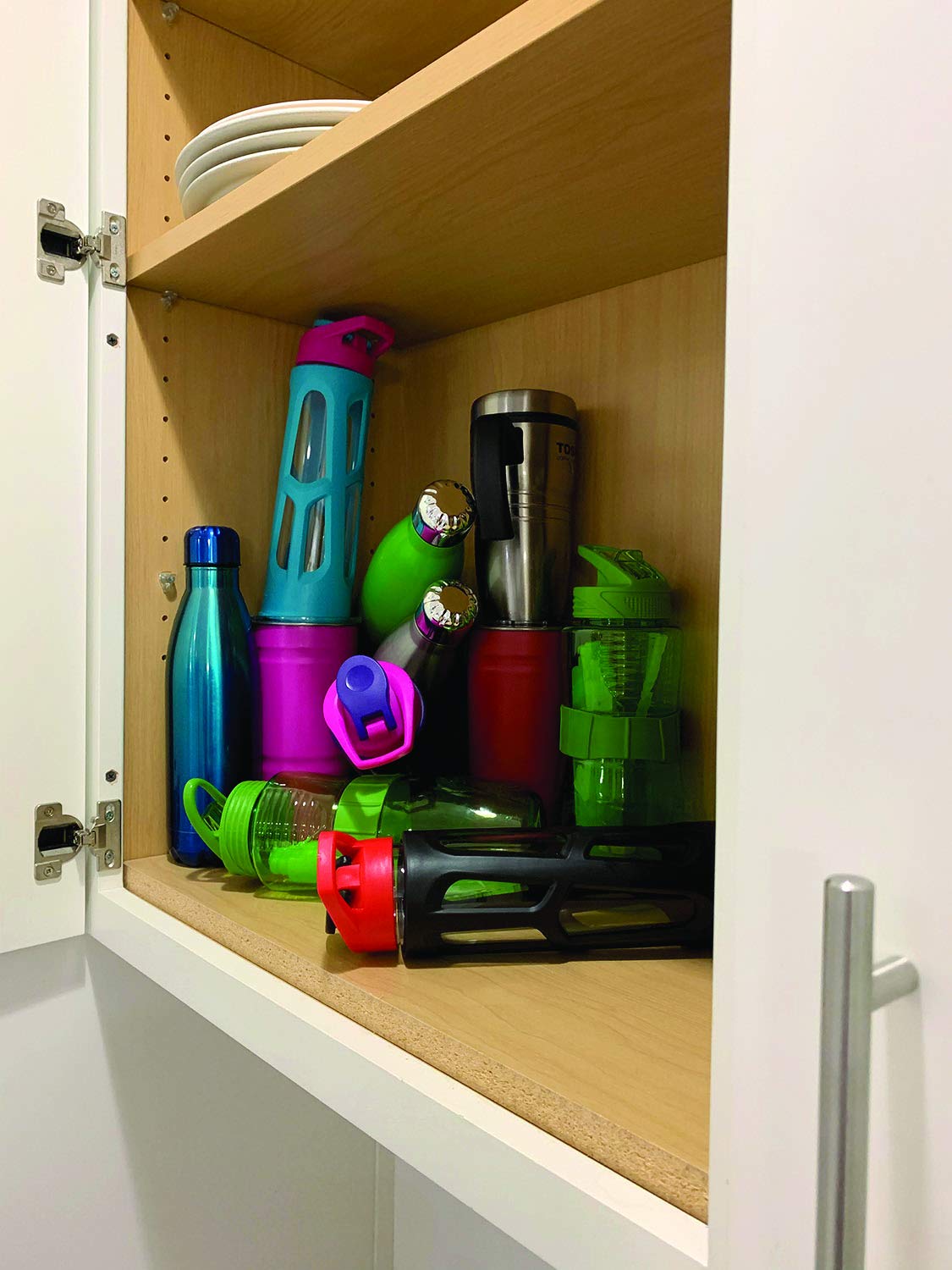 Jokari Tumbler and Bottle Storage Organizer Door Rack Holds Large Water and Drinking Containers with a Unique Over the Door Shelf System to Prevent Banging and Keep Cupboards and Cabinets Tidy - Image 5